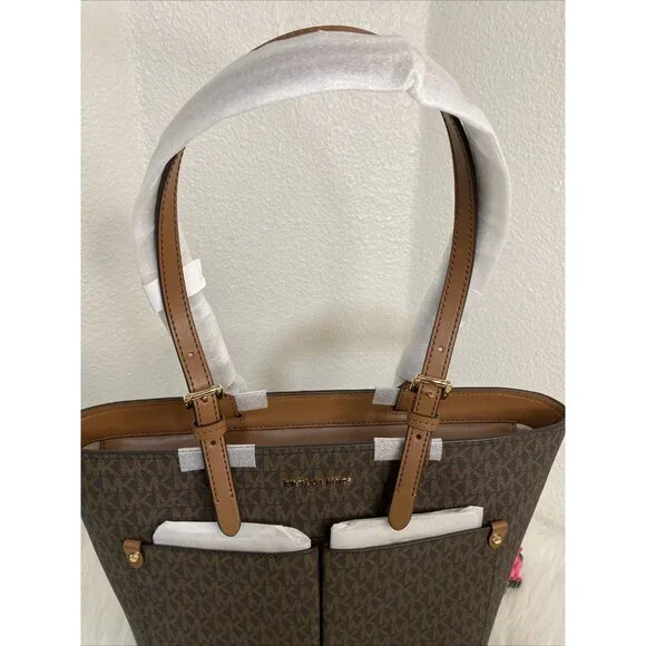 MICHAEL KORS JET SET TRAVEL MD DOUBLE POCKET TOTE SHOULDER BAG MK BROWN MOCHA